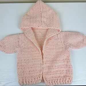 Vintage Handmade Baby Cardigan Hooded Crochet Peach Sweater Cottagecore Infant